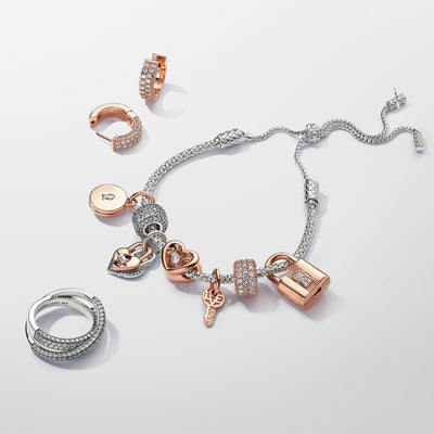 Two-tone Twistable Heart Padlock Double Dangle Pandora Charm
